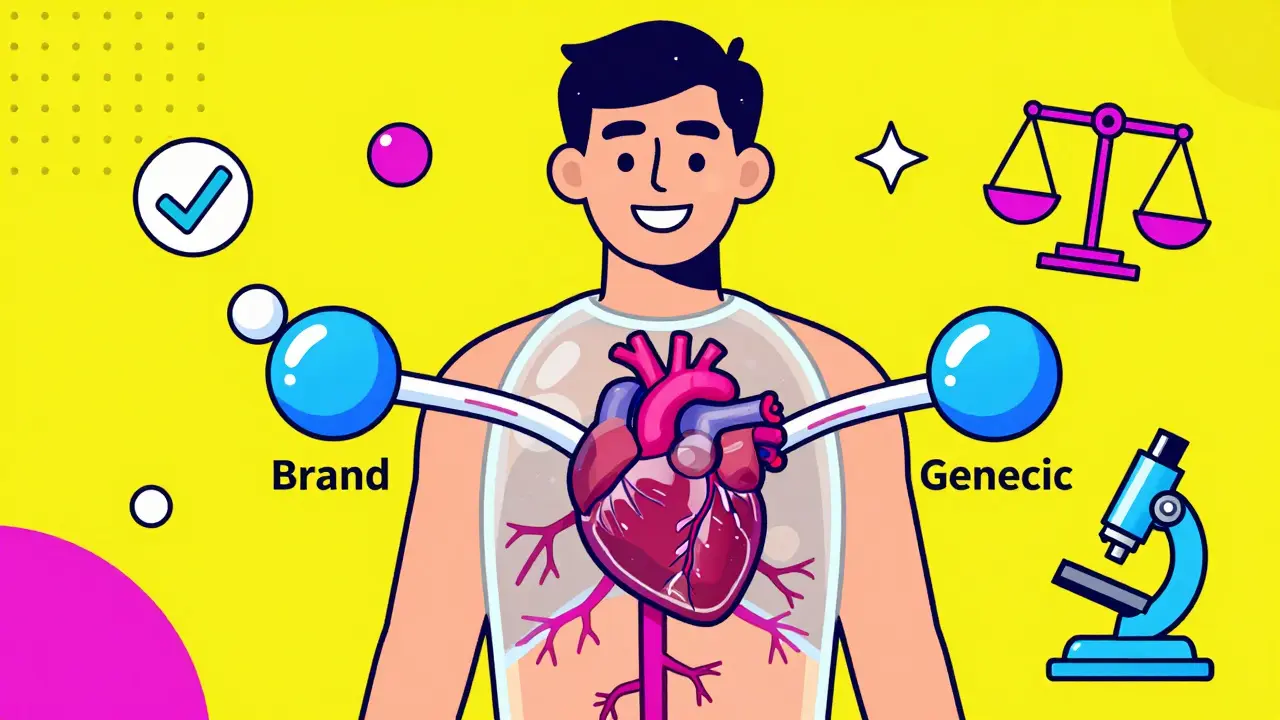 Cuerpo humano con moléculas idénticas fluyendo en sangre, representando bioequivalencia entre medicamentos.