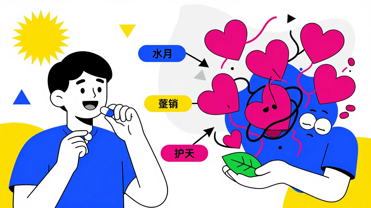 Escena dividida: una persona tomando una píldora combinada mientras su cuerpo muestra efectos adversos, con alternativas seguras al fondo.