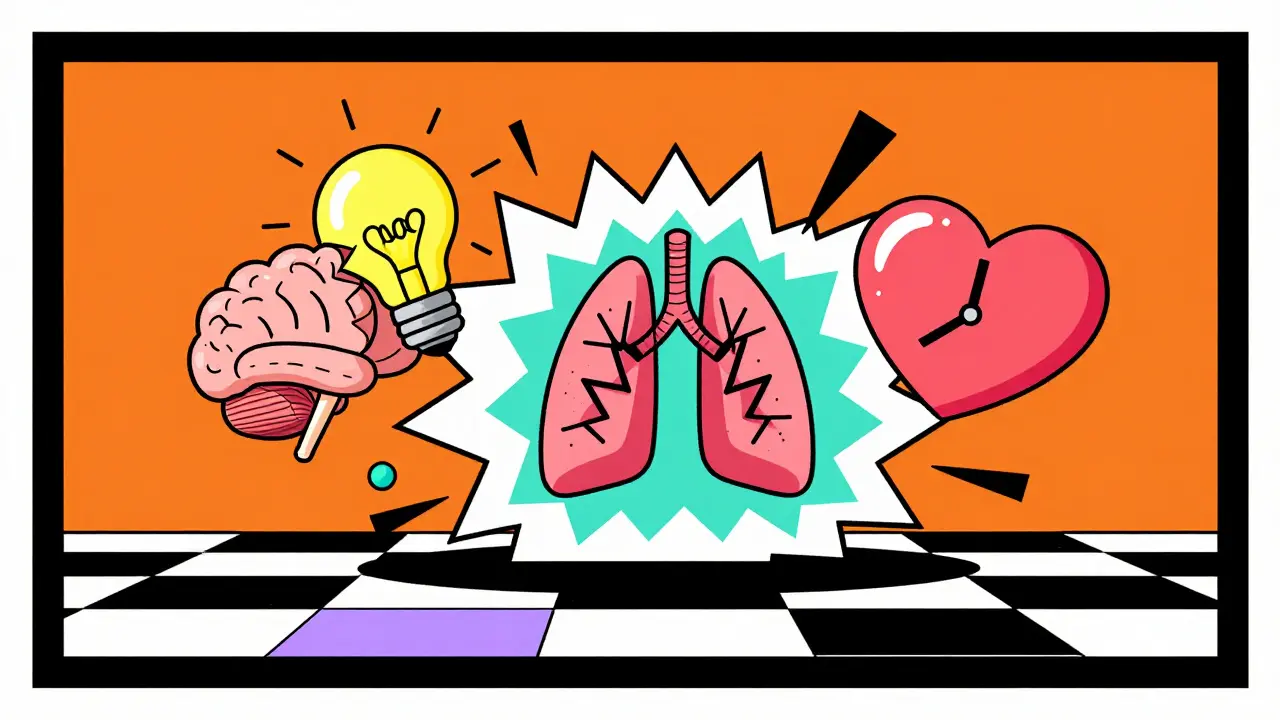 Etiqueta médica explotando en formas abstractas que representan un cerebro, pulmón y corazón dañados.