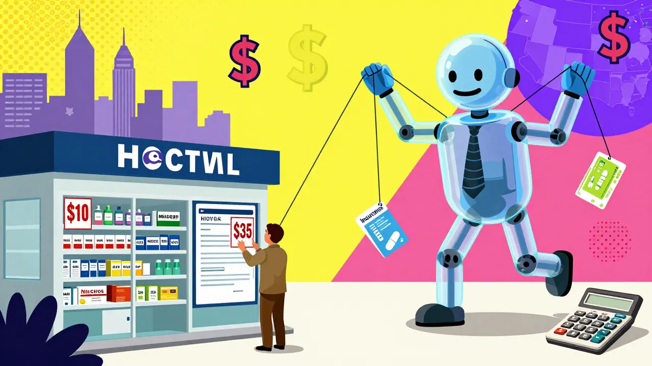 Farmacia rural con un precio de  para un medicamento genérico, mientras una ciudad cercana lo vende a , con un manipulador PBM controlando cadenas.