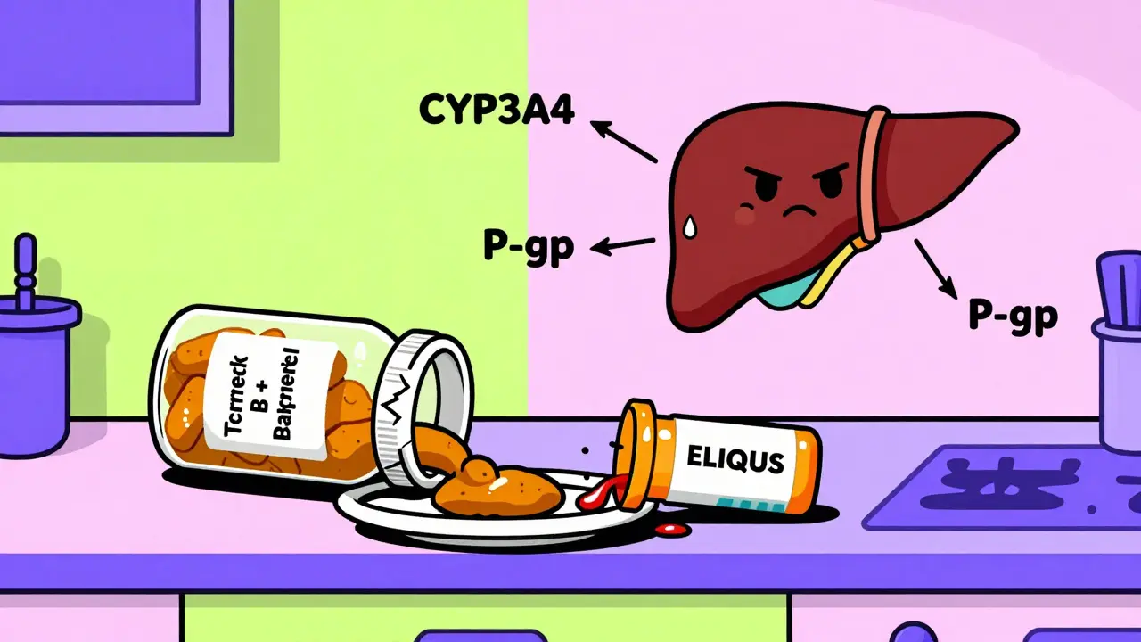 Frascos de especias derramándose sobre una receta de anticoagulante, con un hígado preocupado y enzimas bloqueadas.