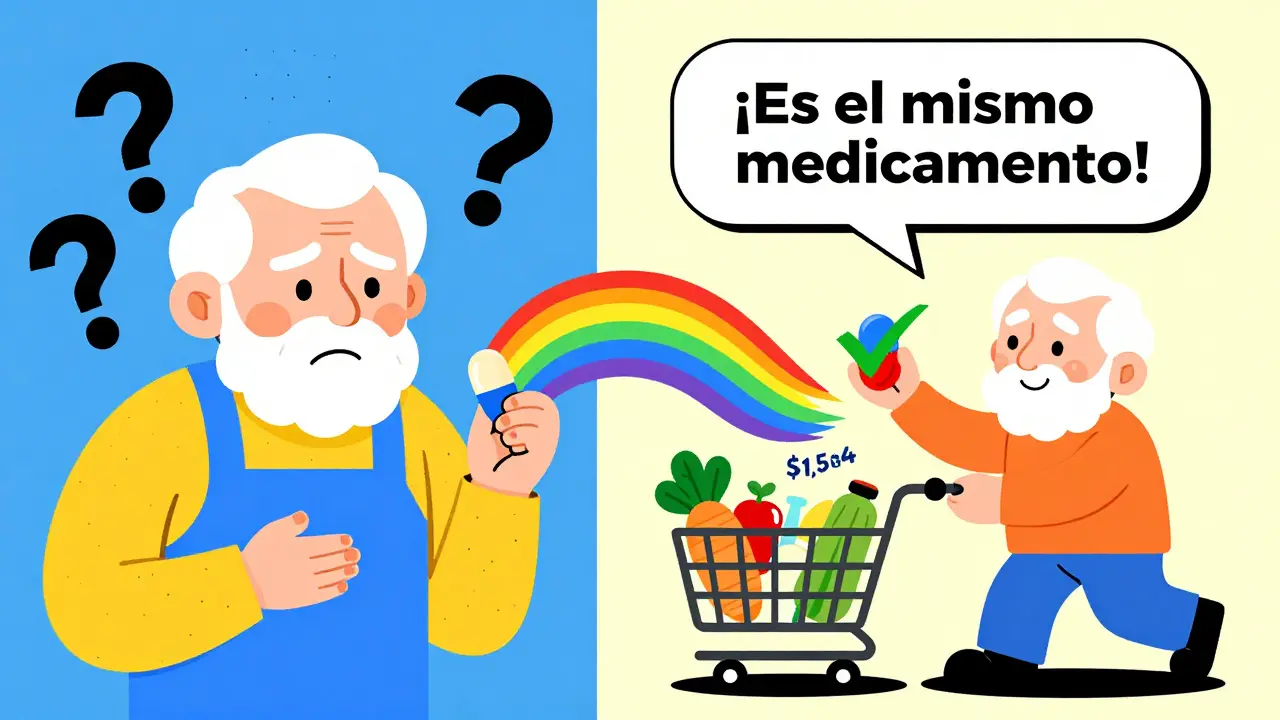 Paciente anciano sonríe al entender que su pastilla genérica es igual a la de marca, con dinero ahorrado fluyendo hacia una cesta de comida.