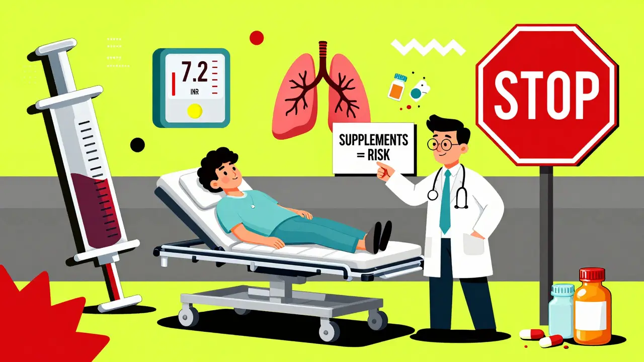Paciente en urgencias con medidor INR alto y símbolos de sangrado, mientras un médico advierte sobre suplementos peligrosos.