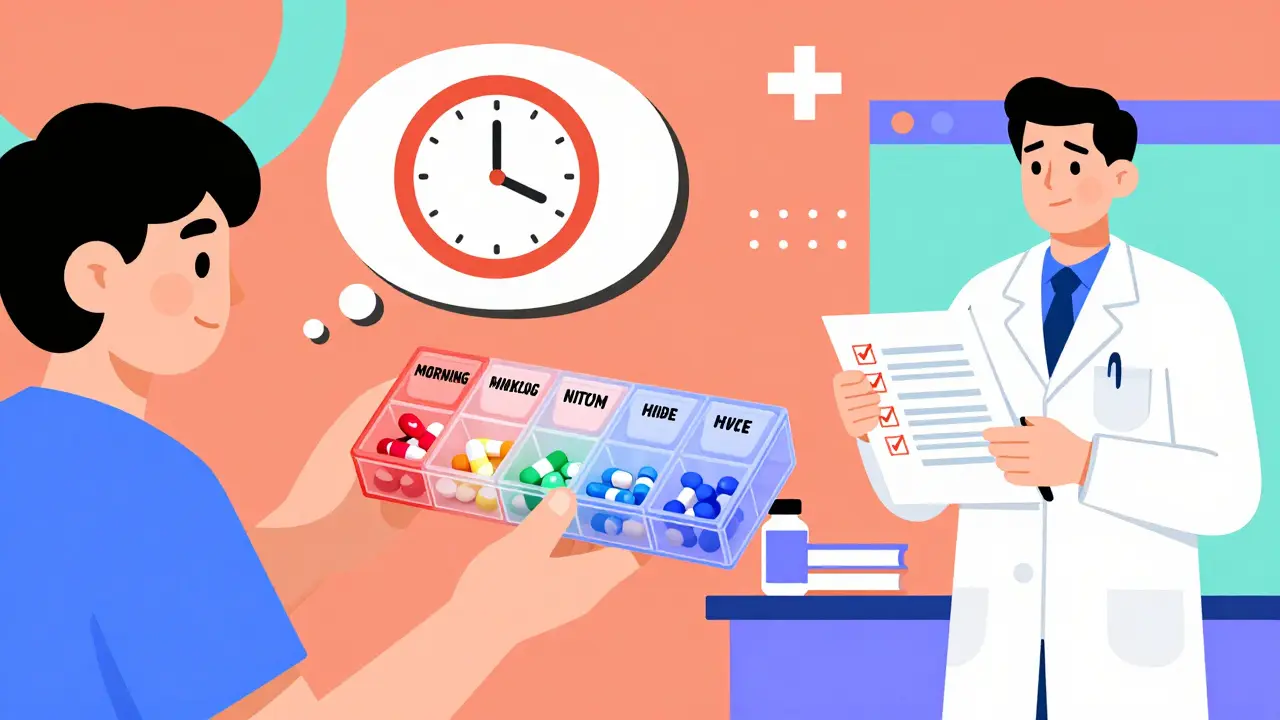 Paciente usando organizador de pastillas con colores brillantes y un reloj confuso en el fondo.