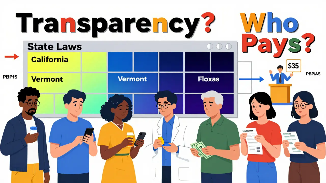 Pacientes usando distintas formas de pagar medicamentos, frente a un muro de leyes estatales, algunos con herramientas como GoodRx y otros confundidos por el sistema.