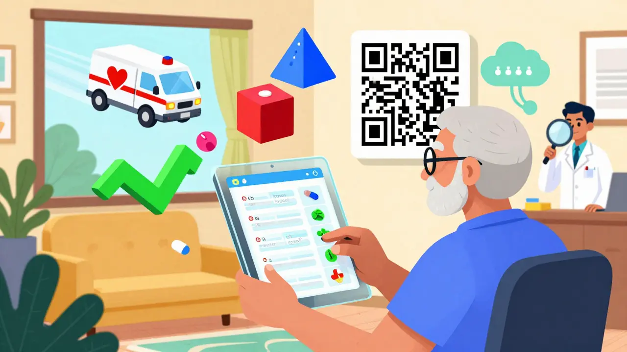 Persona mayor con tablet que muestra una lista de medicamentos animada, rodeada de iconos geométricos de fármacos y un farmacéutico con lupa.