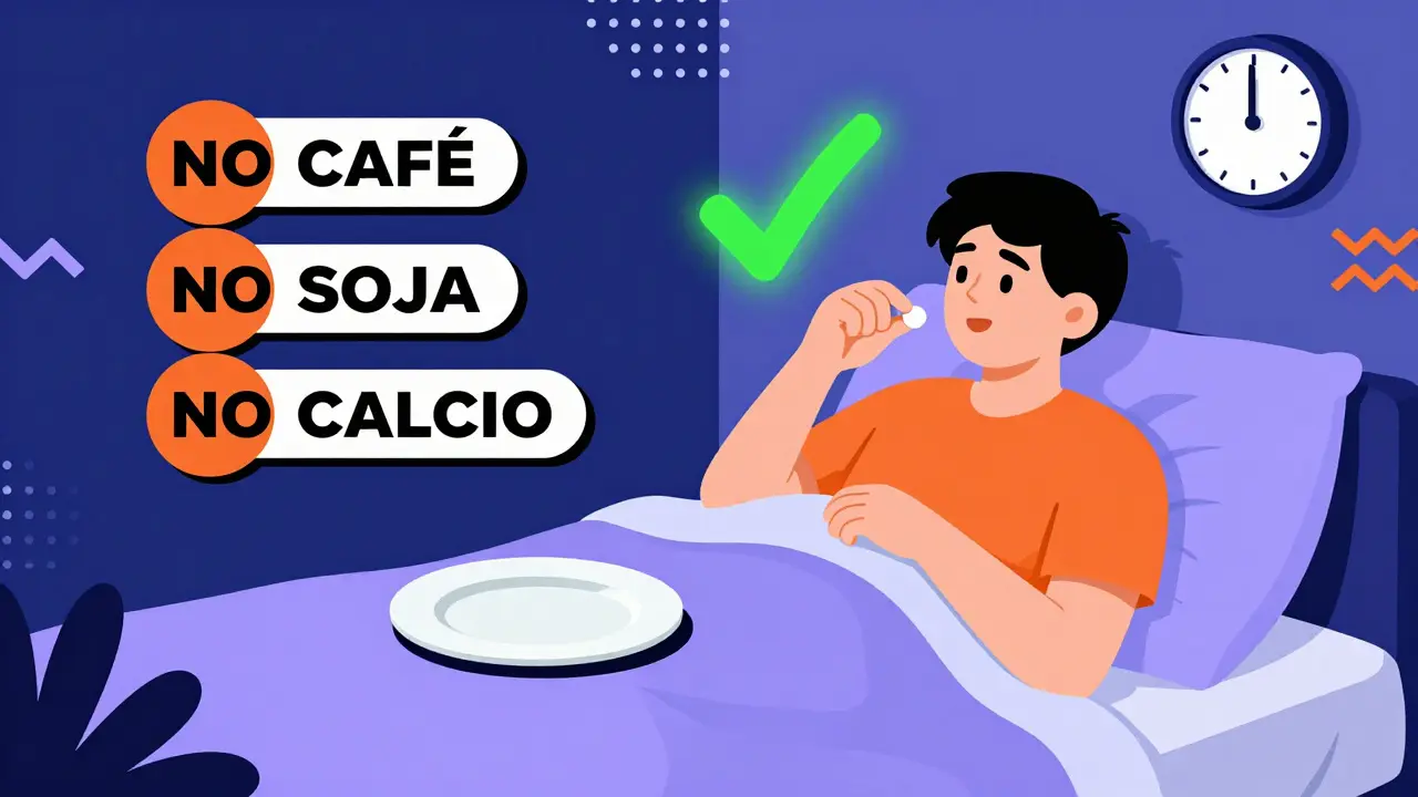 Persona tomando pastilla en la cama por la noche, sin comida, con advertencias visuales de interferencias.