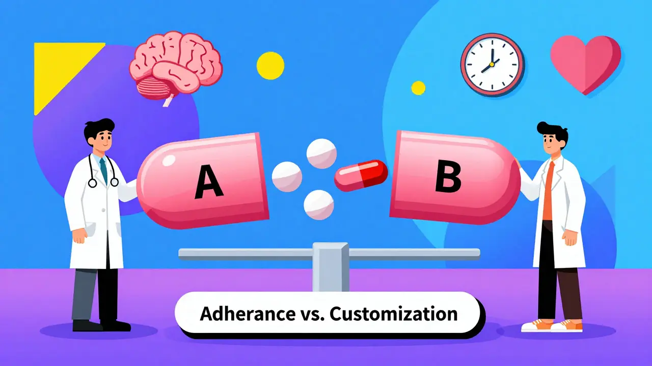 Píldora modular que se divide en componentes separados, con doctor y paciente en oposición.