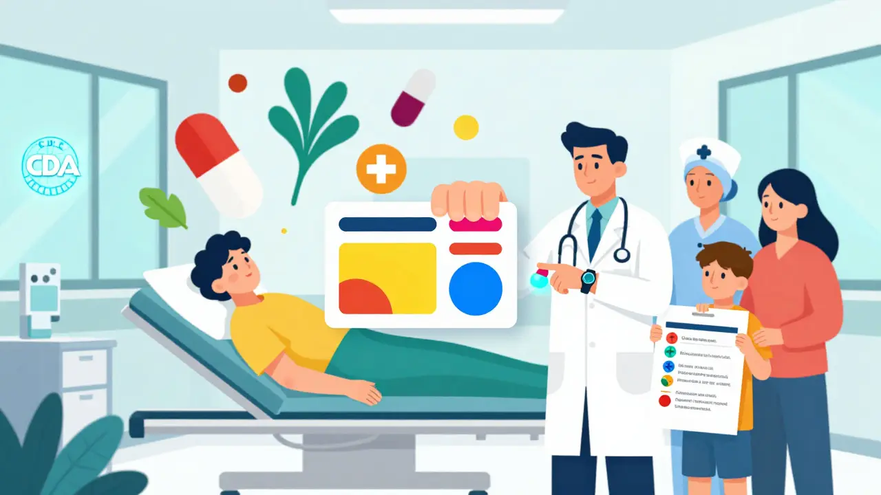 Sala de emergencias donde un médico muestra una lista de medicamentos en estilo gráfico, con fármacos flotantes y un reloj inteligente brillando.