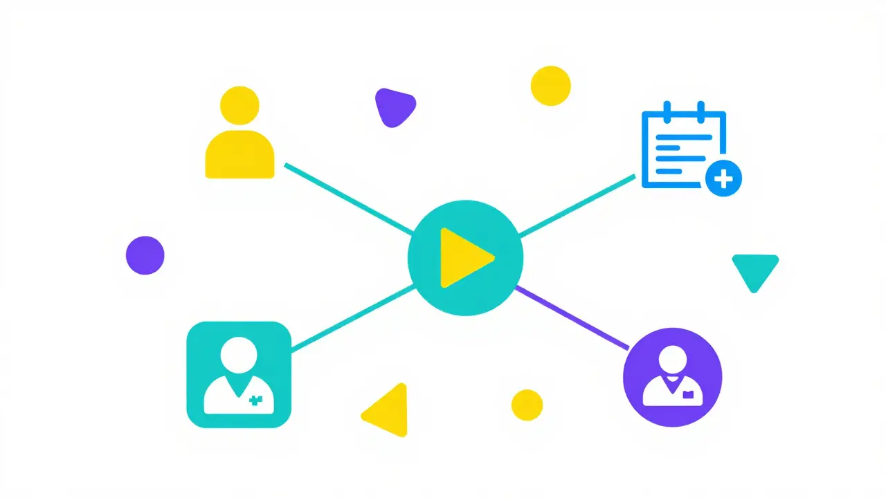 Sistema iPLEDGE conectando paciente, médico y farmacia