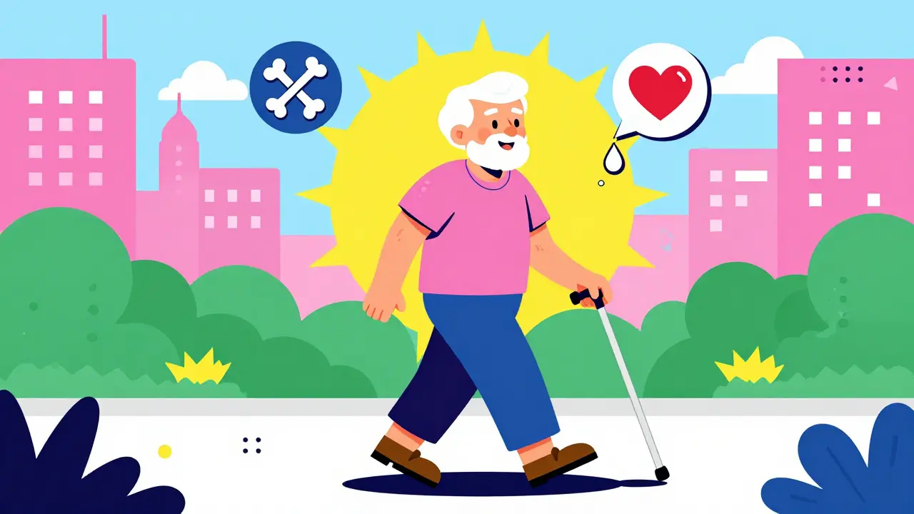 Un adulto mayor camina feliz tras el procedimiento, con iconos simbólicos de curación y libertad del dolor, en estilo Memphis.