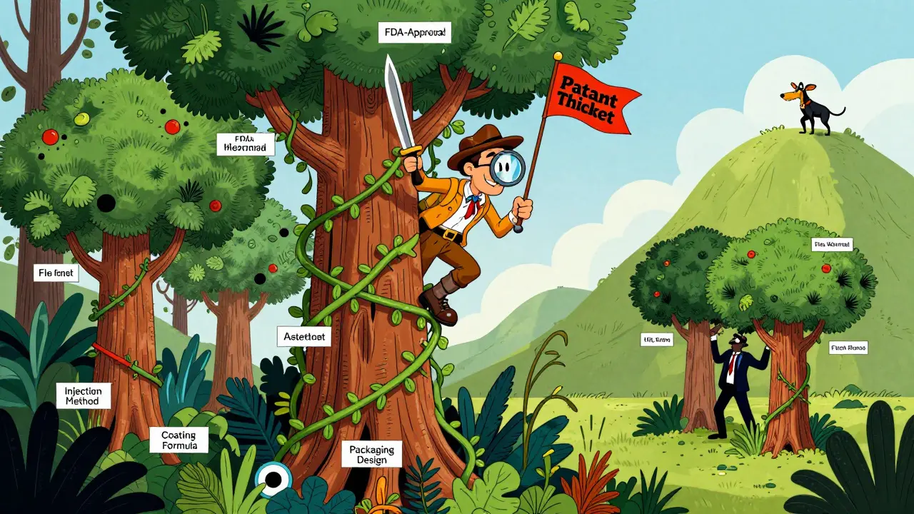 Un explorador corta una selva de patentes con una espada, mientras una figura oscura intenta plantar más.