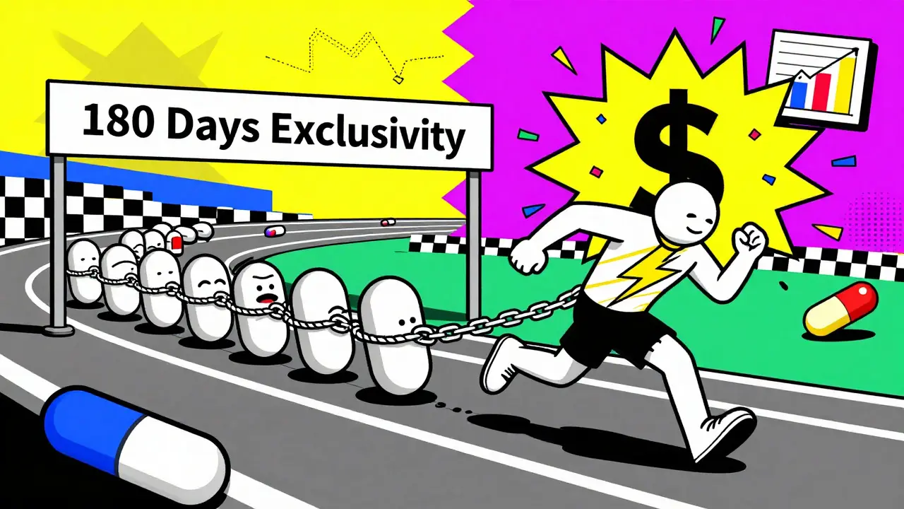 Una carrera entre un genérico veloz y píldoras atadas con patentes, hacia la meta de 180 días de exclusividad.