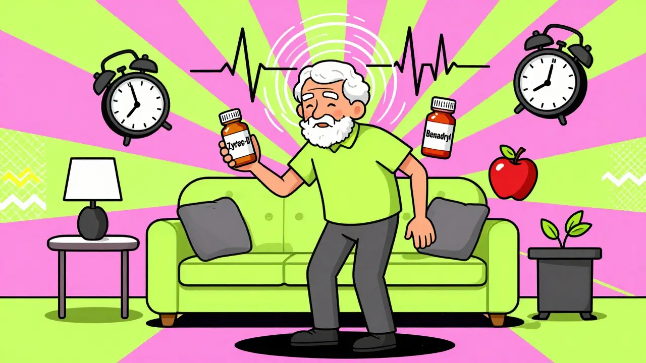 Una persona mayor con dos medicamentos en mano, rodeada de símbolos de mareo y latidos acelerados por efectos secundarios.