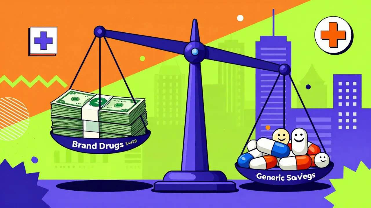Balanza mostrando ahorros masivos de medicamentos genéricos frente a medicamentos de marca, con caras sonrientes.