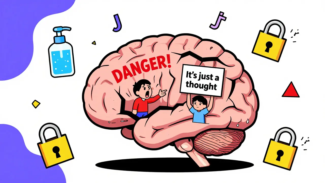 Cerebro con dos figuras discutiendo mientras compulsiones se desmoronan.