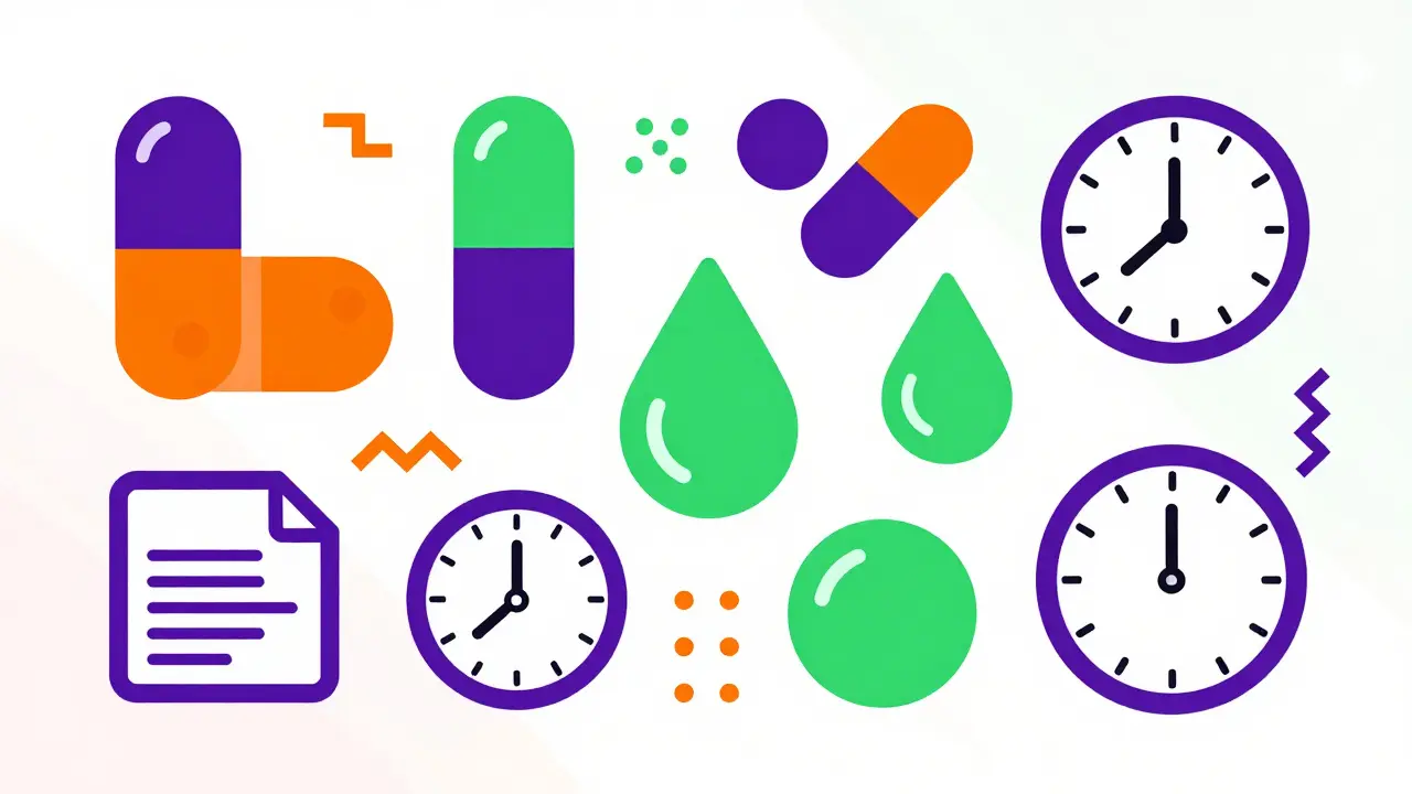 Colección de iconos de pastillas y relojes en diseño Memphis para documentar medicación.