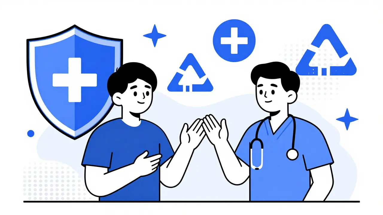 Dos personas conversando sobre seguridad médica con símbolos protectores al fondo.