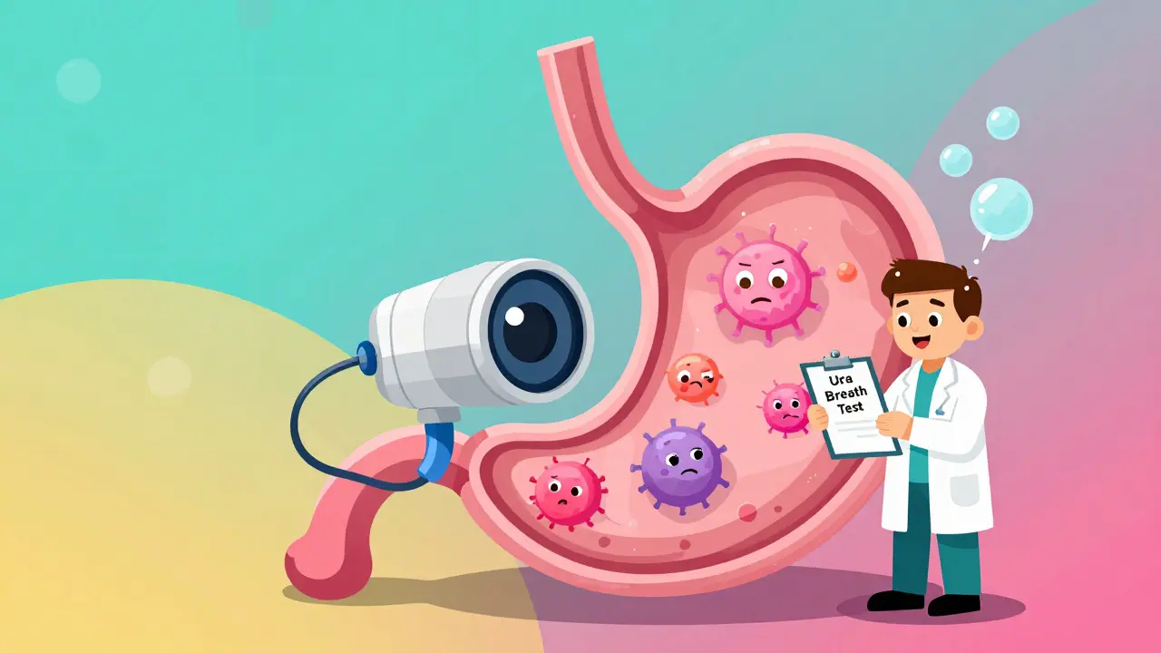 Endoscopia cartoon que muestra tejido gástrico sano y dañado, con prueba de aliento de urea.