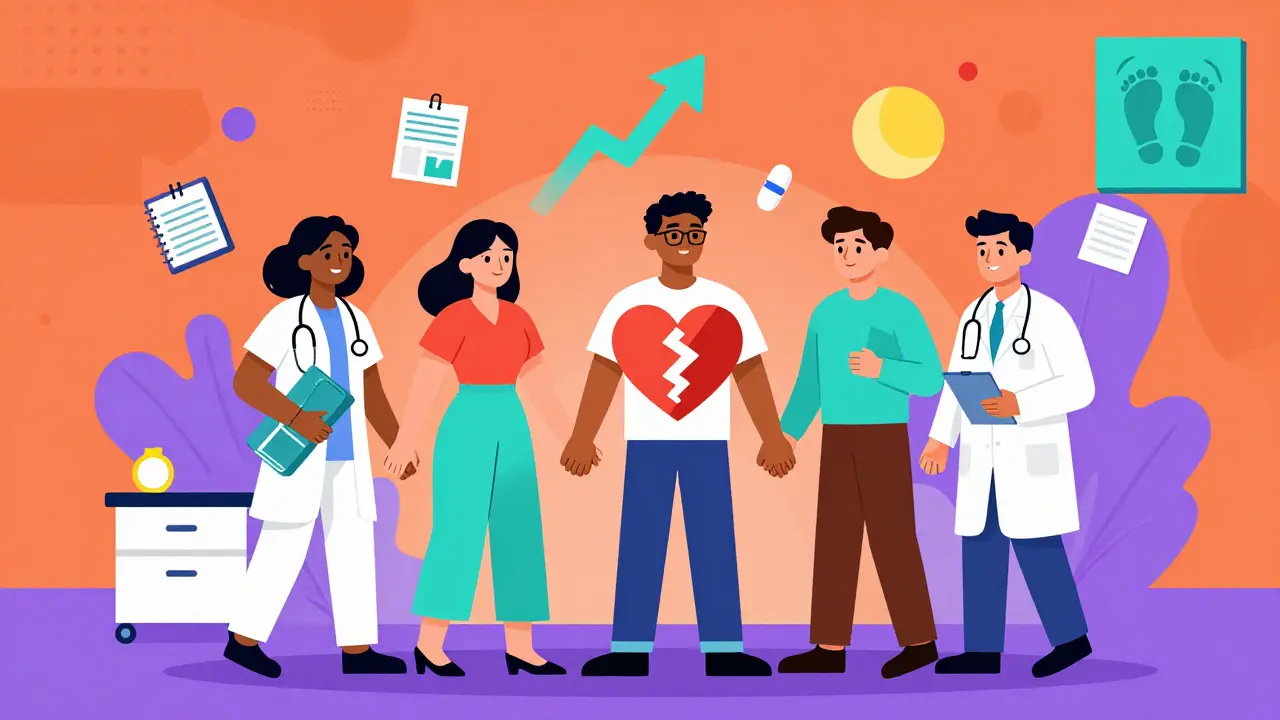 Equipo médico unido alrededor de una persona con fibromialgia, sosteniendo herramientas de tratamiento, en estilo Memphis vibrante y optimista.