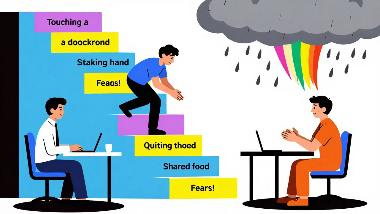 Escalera de miedo con persona subiendo un peldaño sin realizar compulsiones.