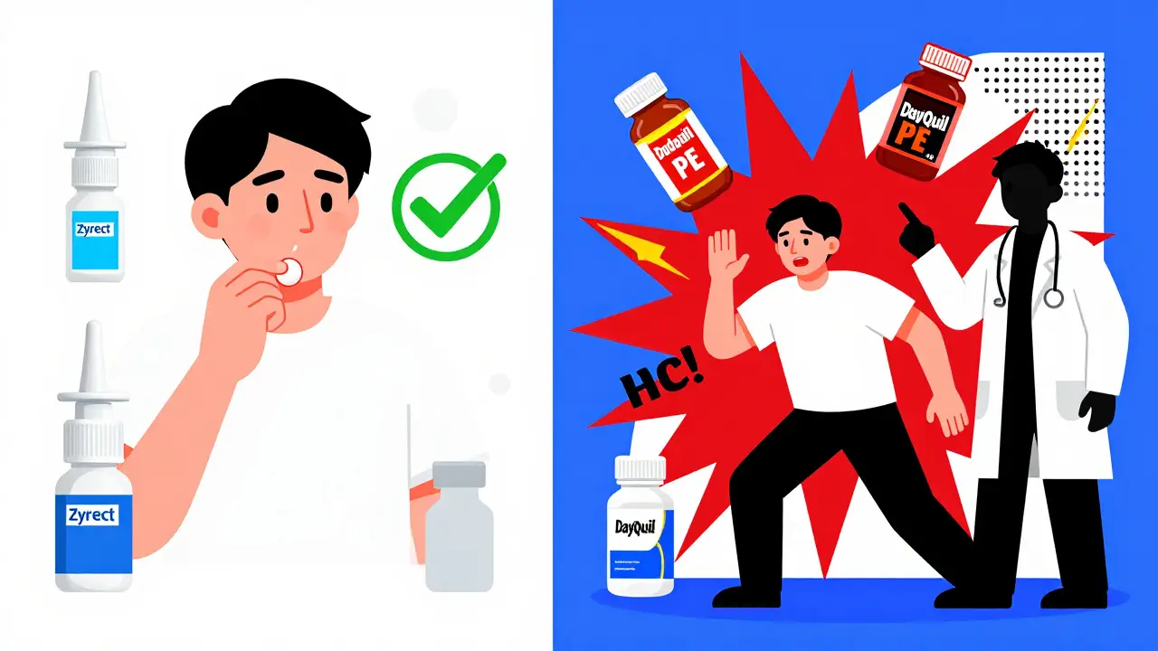 Escena dividida: lado seguro con medicamentos seguros y lado peligroso con medicamentos prohibidos explotando en colores vibrantes.