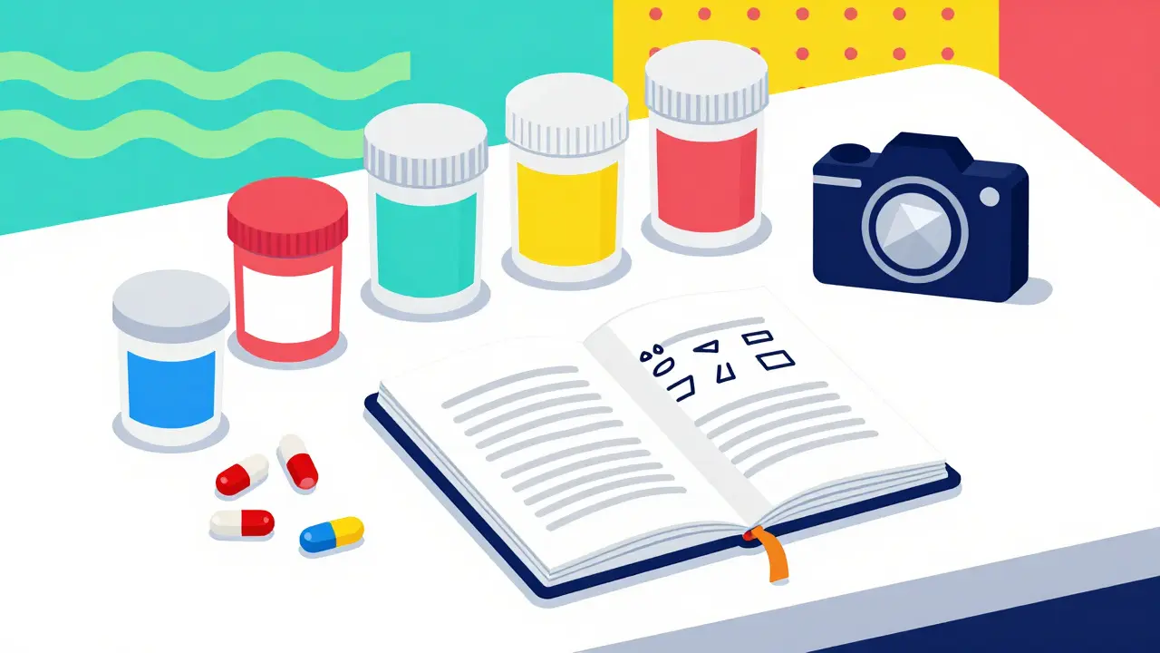 Escritorio con frascos y notas organizadas para documentar evidencia farmacéutica.