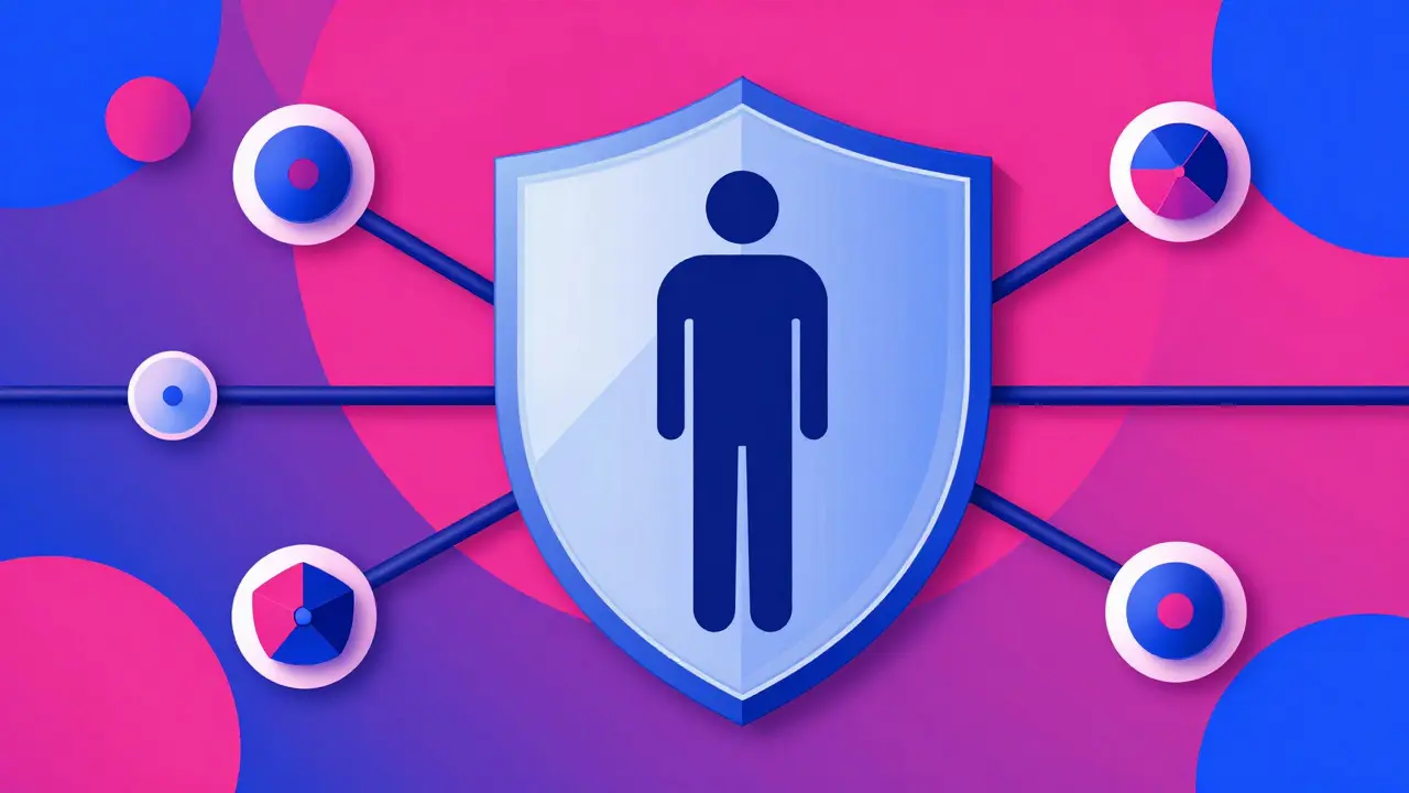 Escudo protector abstracto con nodos conectados simbolizando seguridad en registros sanitarios.