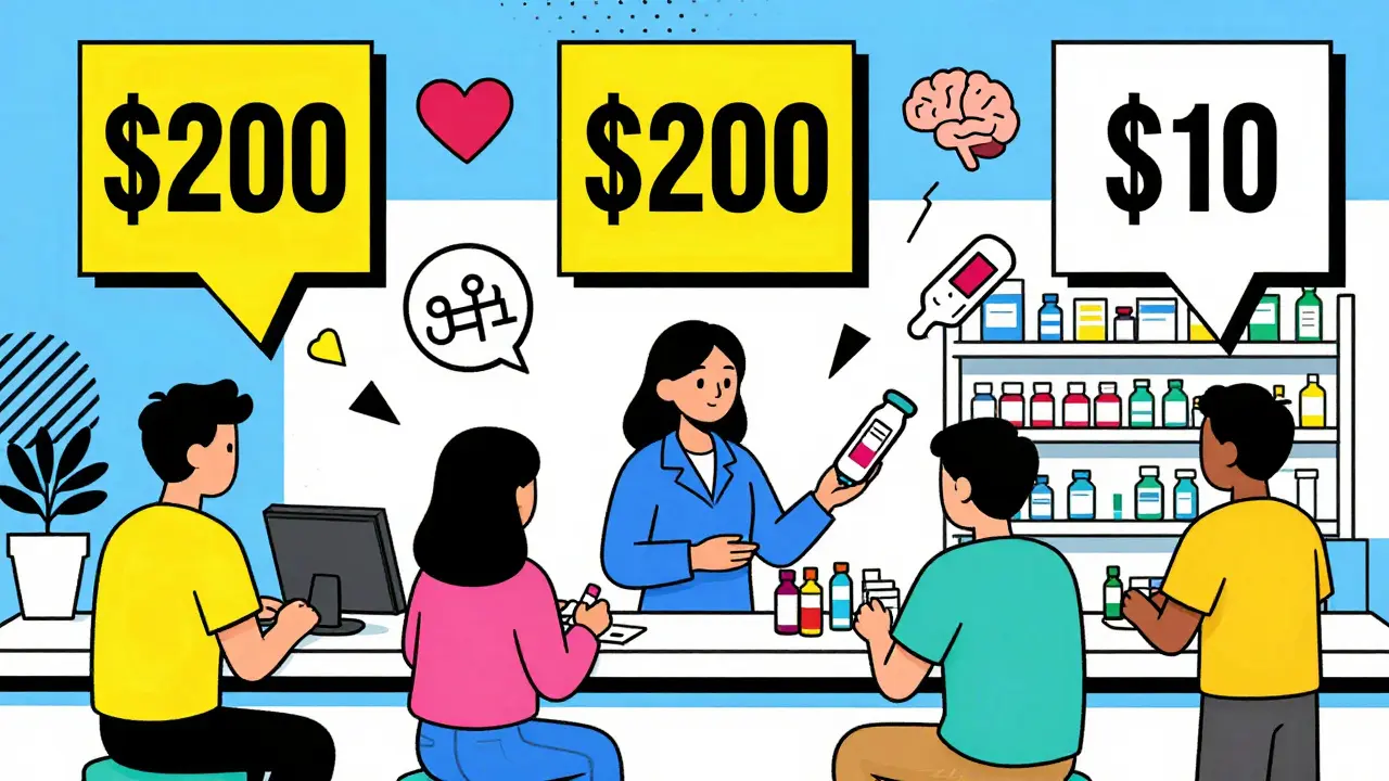 Farmacia con pacientes recibiendo medicamentos genéricos mientras etiquetas de precio caen de 0 a .