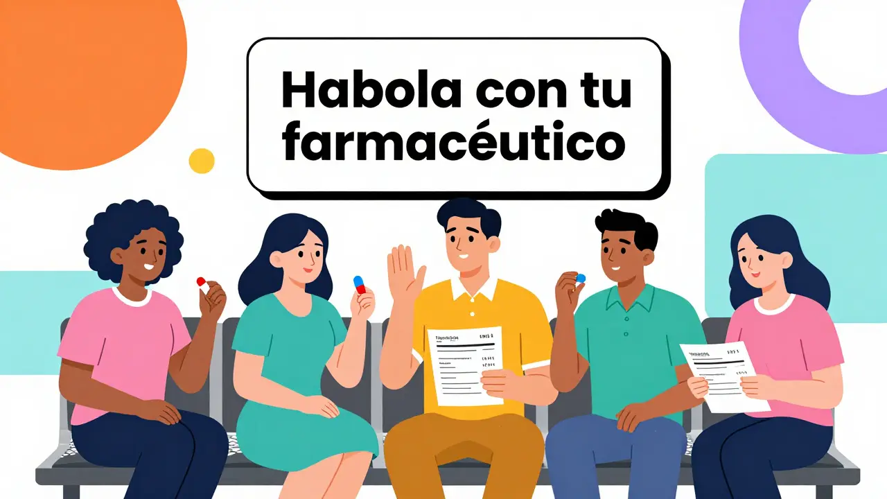 Grupo de pacientes en farmacia preguntando sobre medicamentos genéricos, con gráficos geométricos y un letrero que invita a hablar.