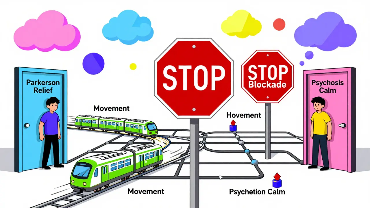Mapa de metro del sistema nervioso con trenes de dopamina bloqueados por señales rojas en estilo de dibujo vibrante.