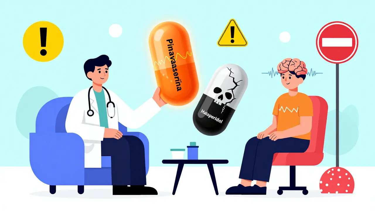 Médico sostiene dos píldoras opuestas: una segura y otra peligrosa, con ondas de serotonina y símbolos de advertencia en estilo Memphis.