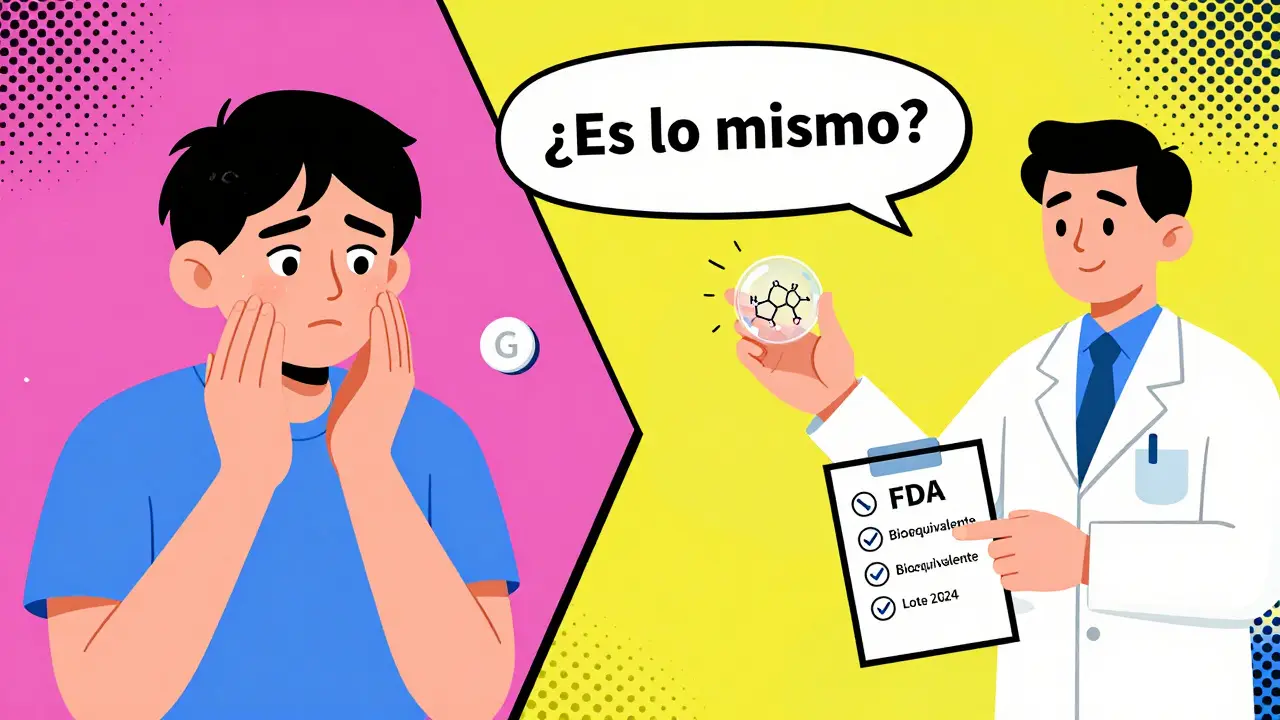 Paciente compara una pastilla nueva con una antigua, mientras un farmacéutico explica con símbolos visuales de bioequivalencia.
