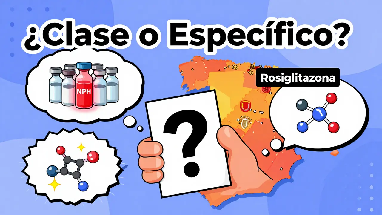 Paciente con receta y burbujas de pensamiento sobre riesgos de medicamentos en estilo Memphis.