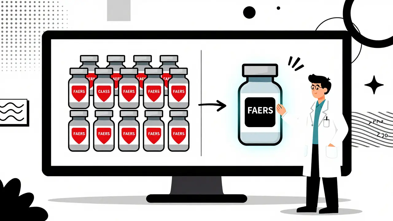 Pantalla dividida mostrando alertas de clase vs. específica en farmacia con símbolos abstractos.