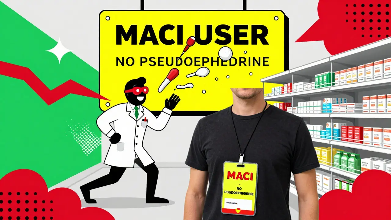 Persona con tarjeta de emergencia en una farmacia, ingredientes peligrosos siendo rechazados por un farmacéutico estilizado en diseño Memphis.