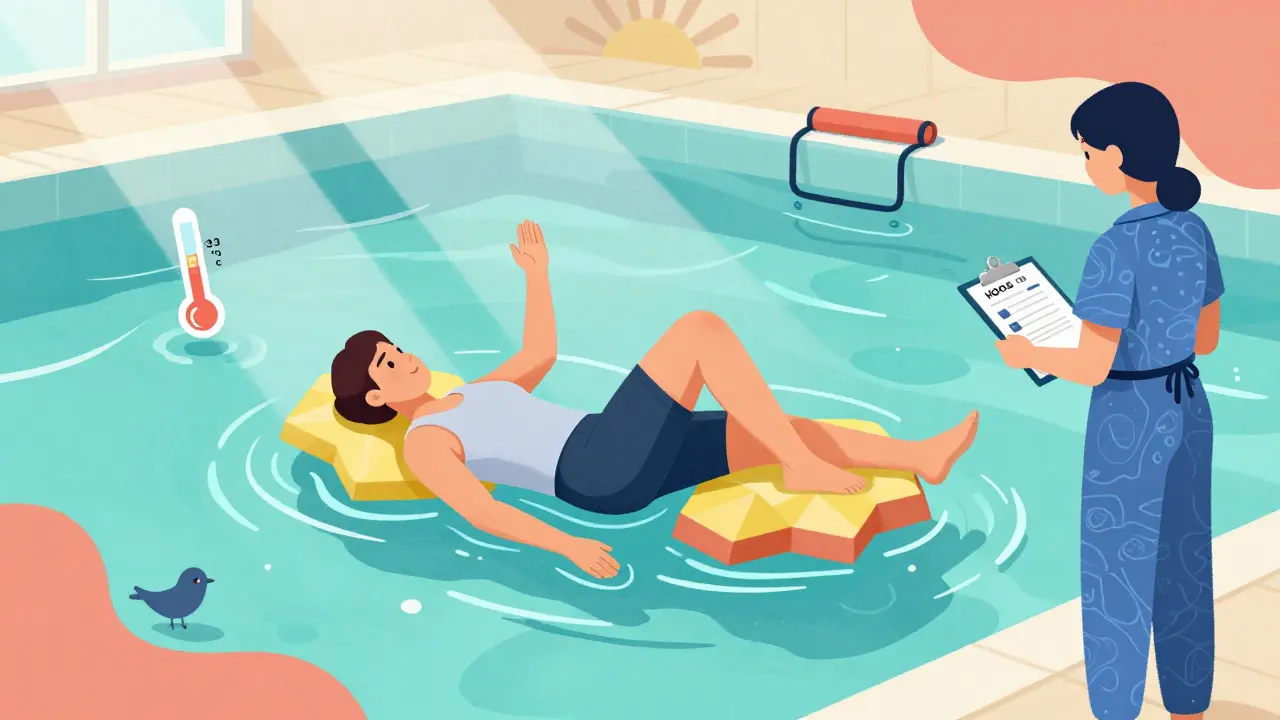 Persona ejercitándose en una piscina con flotadores geométricos mientras un fisioterapeuta observa.