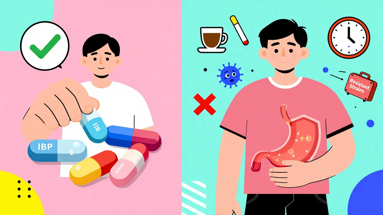 Persona tomando tratamiento cuádruple contra H. pylori, con bacterias huyendo y símbolos de hábitos saludables.