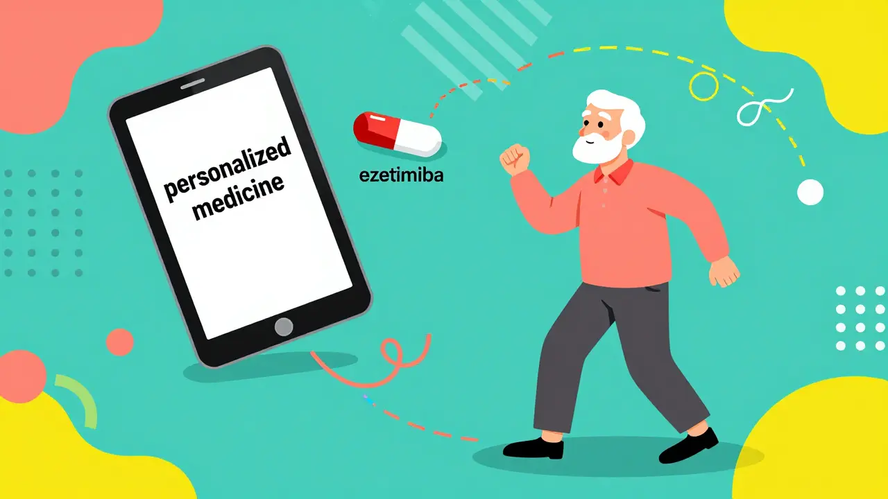 Adulto mayor activo rodeado de figuras geométricas y símbolos de medicación personalizada estilo Memphis.