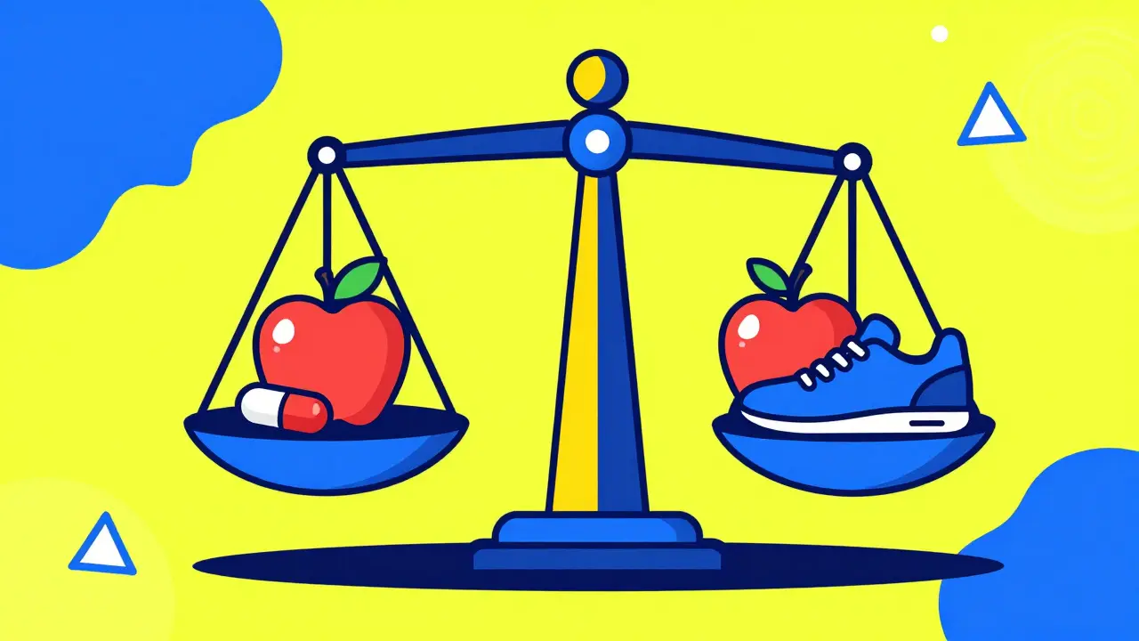 Balanza con una pastilla, una manzana y un zapato deportivo en estilo Memphis.