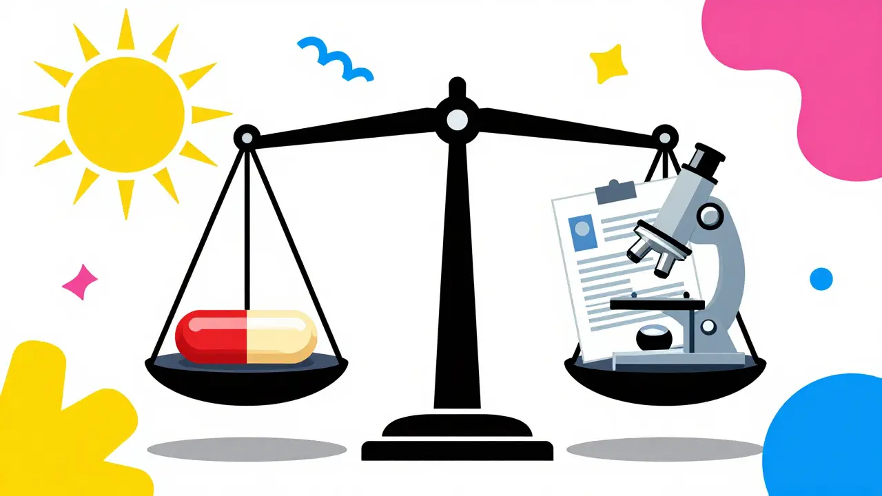 Balanza conceptual estilo Memphis comparando suplementos de vitamina D y estudios clínicos.