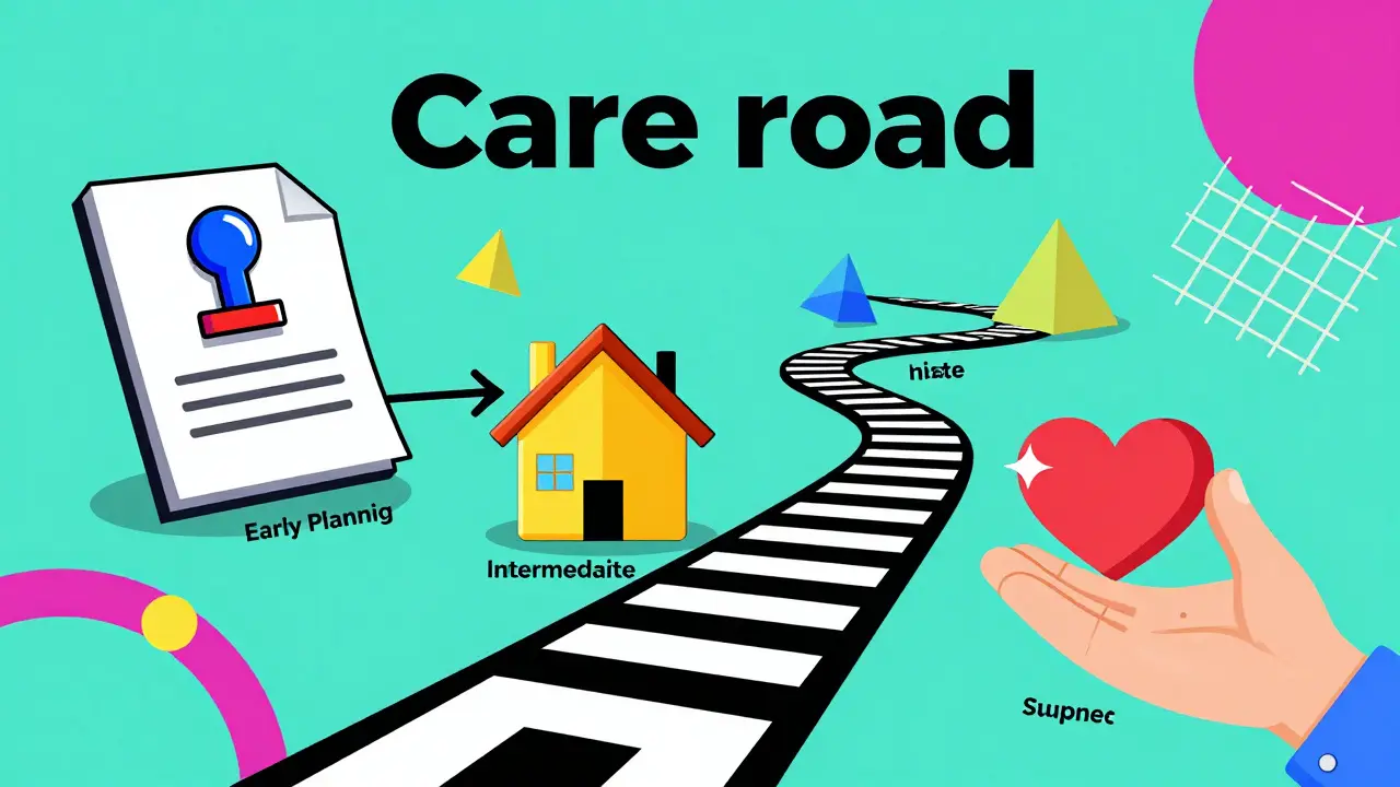 Camino conceptual estilo Memphis con iconos de planificación legal, adaptación del hogar y cuidados asistenciales.