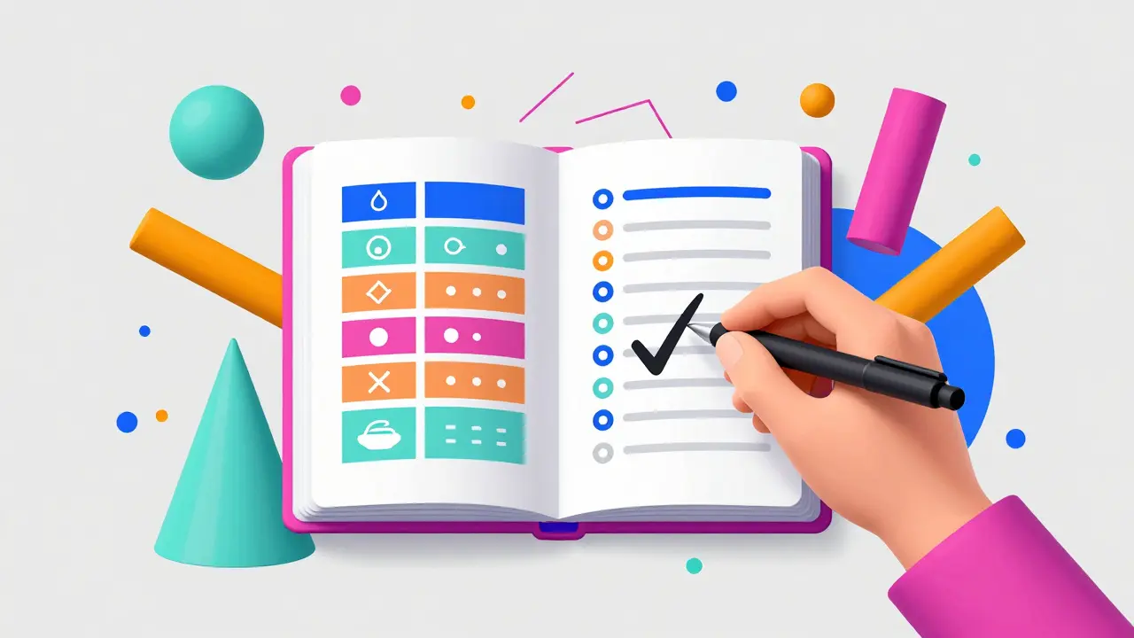 Cuaderno de registro de medicación estilizado con figuras geométricas y colores vibrantes.