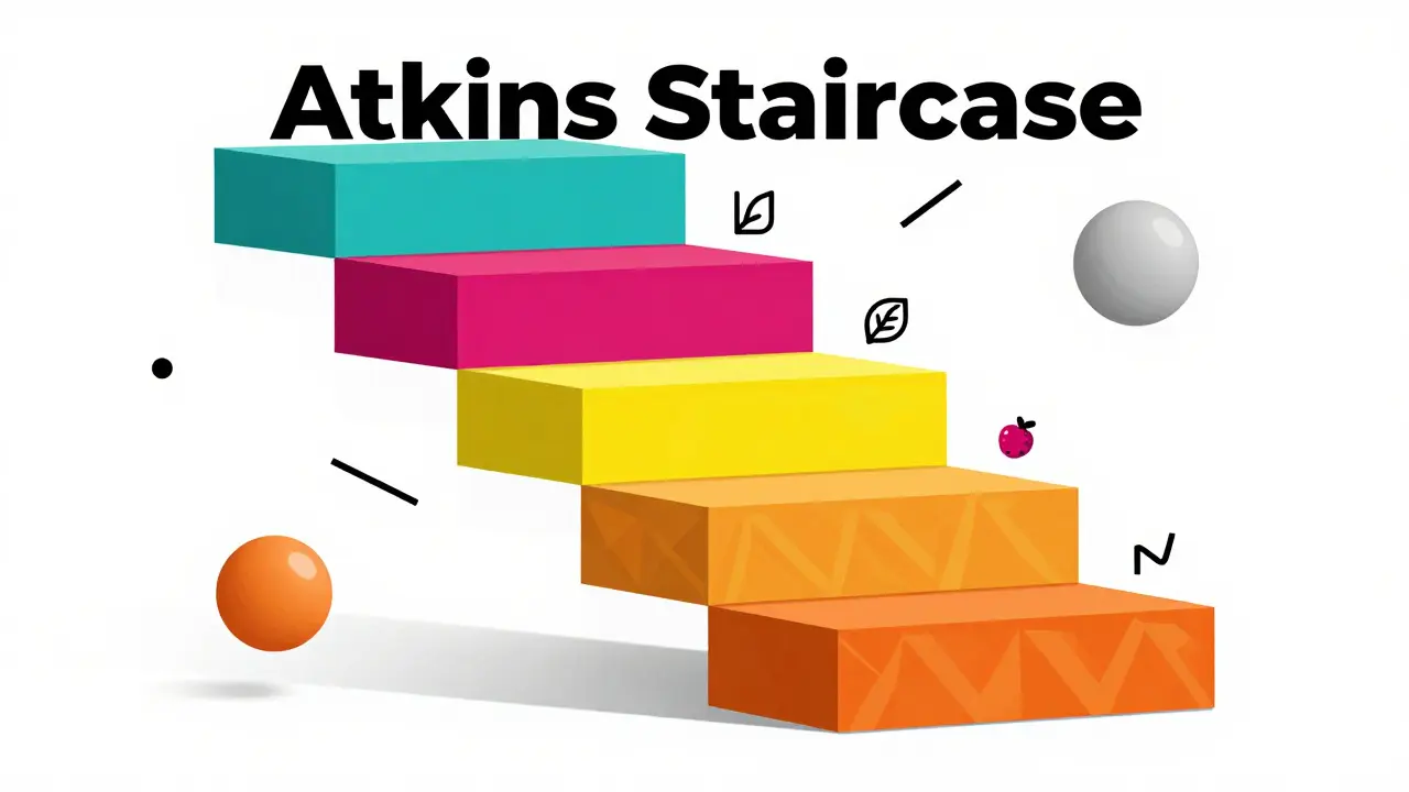 Escalera colorida de cuatro niveles representando las fases graduales de la dieta Atkins.