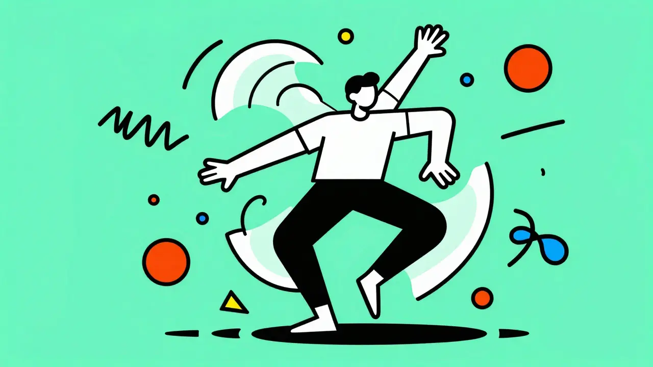 Figura estilizada en estilo Memphis con líneas de movimiento que representan la corea y movimientos involuntarios.