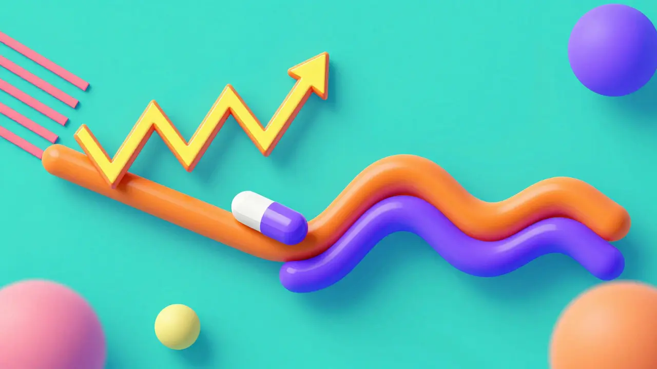 Gráfico abstracto estilo Memphis comparando la liberación inmediata y prolongada de un fármaco.