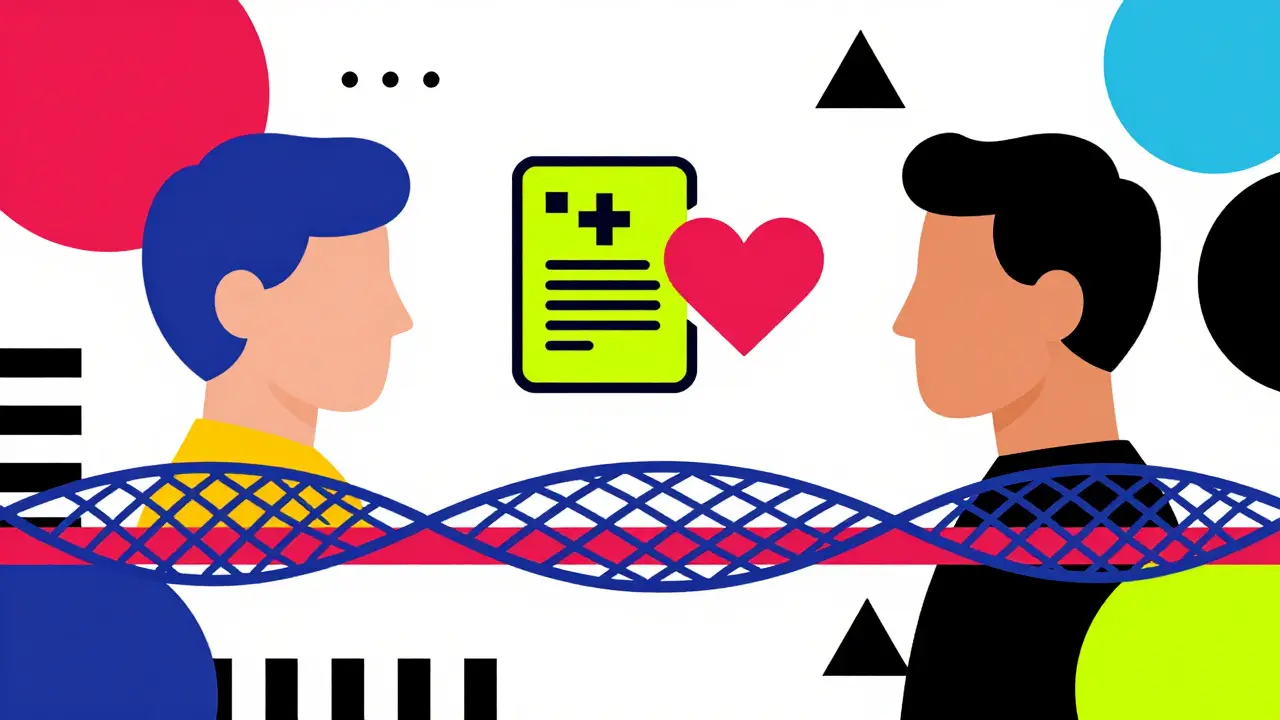 Ilustración conceptual de apoyo y seguridad entre dos personas mediante un registro médico.