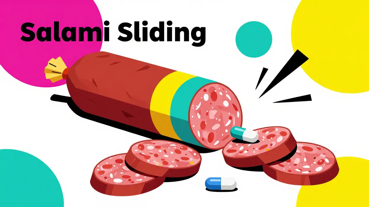 Ilustración conceptual de un salami dividiéndose en cápsulas de medicamentos.