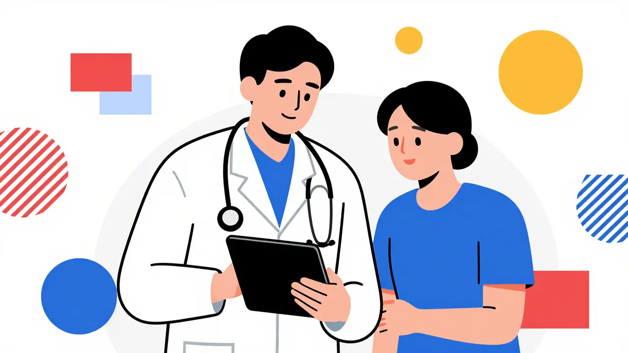 Médico y paciente consultando alternativas de medicamentos en una tablet.