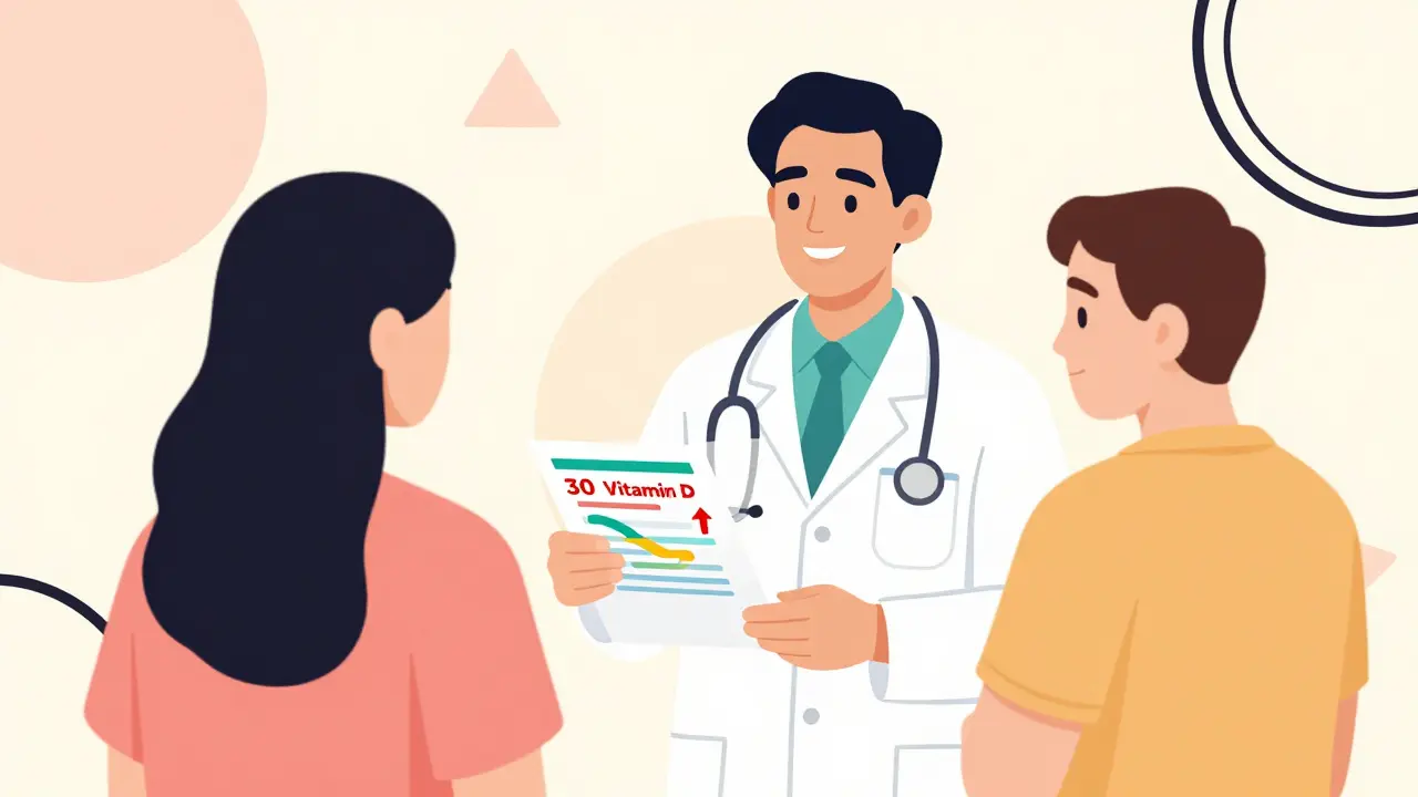 Médico y paciente en estilo Memphis analizando niveles de vitamina D para mejorar la salud.